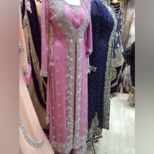 Pakistan Bridal Wear / Eid Wear Pink & Silver Rhinestone Dress 3 PC Designer Btq